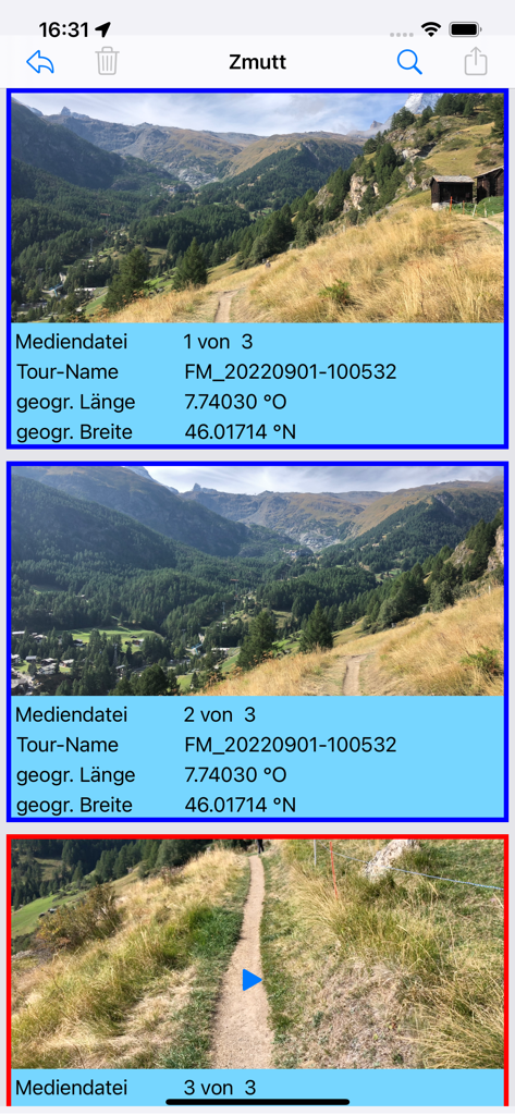 Una lista de fotos y videos geoetiquetados en la aplicación FollowMe que muestran un sendero de montaña con coordenadas GPS precisas.