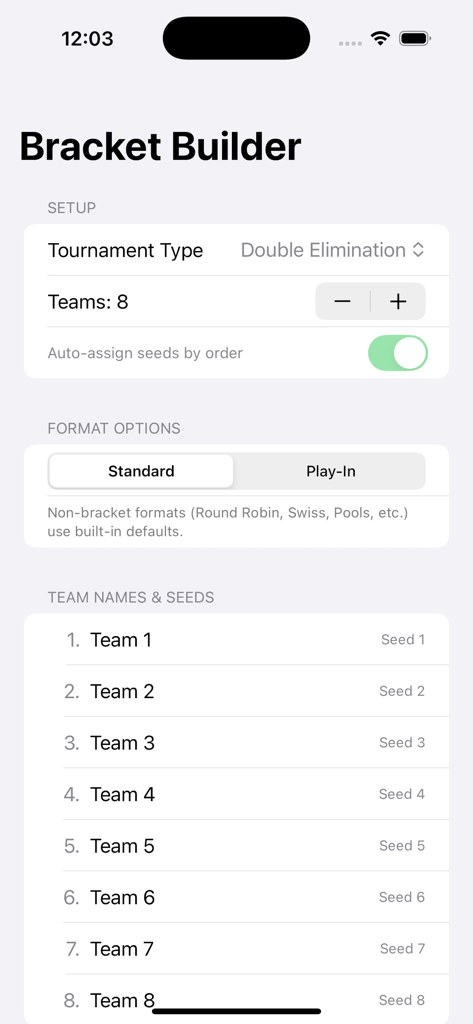 TBracket Builder - TBracket Builder interface for setting up a tournament with eight teams and seeding