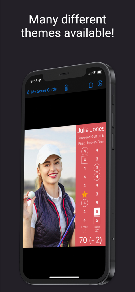 Back Nine - A smartphone displaying a customized golf scorecard with a red theme and personal photo