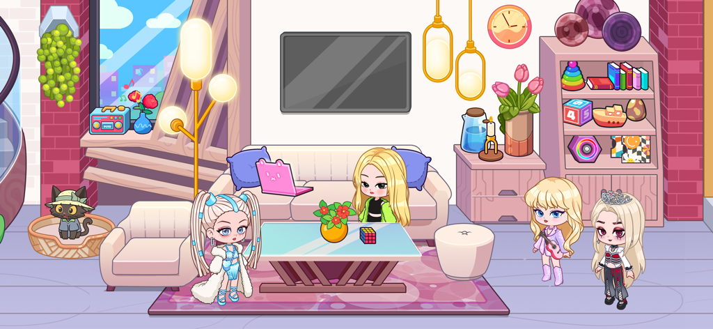Four stylized doll characters and a pet cat in a customized digital living room