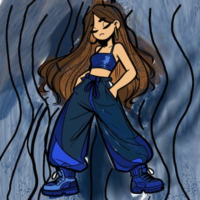 girl in baggy pants crop top and long hair