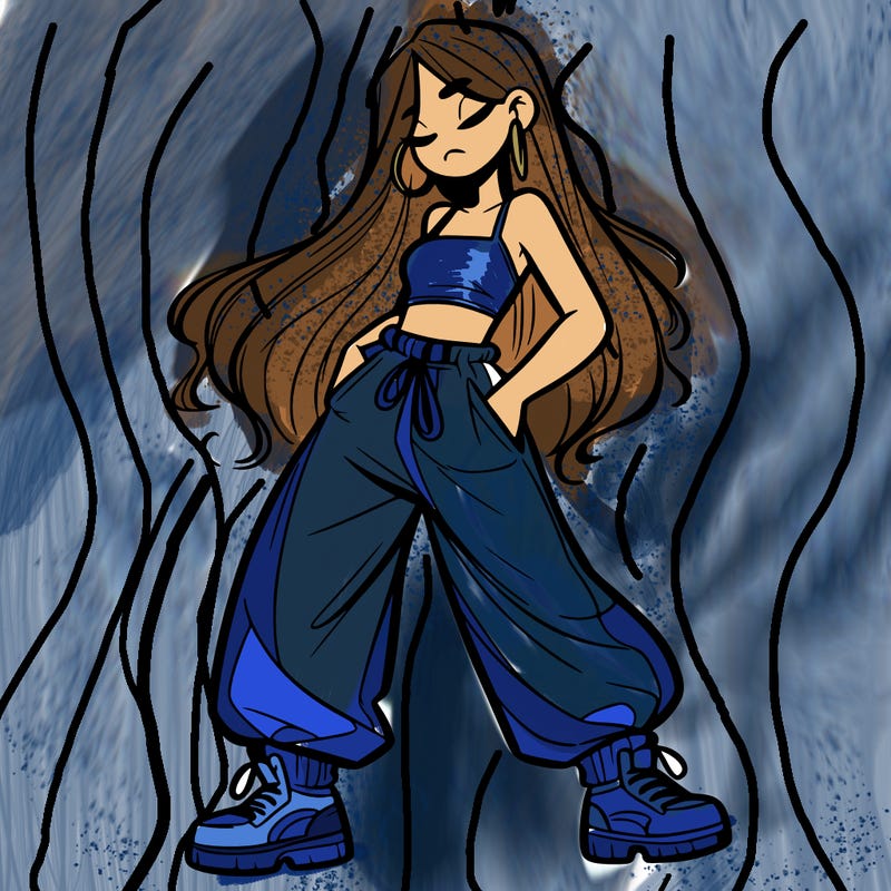 girl in baggy pants crop top and long hair