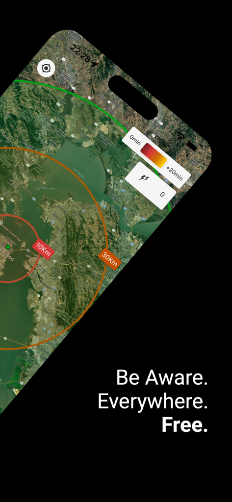 Atmoguard - Atmoguard app screenshot showing lightning activity tracking on a map with distance alerts