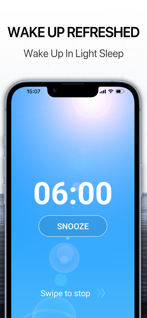 JUKUSUI-Sleep Cycle Alarm - Pantalla de alarma inteligente JUKUSUI que muestra una hora de despertar a las 6 AM para sentirse renovado
