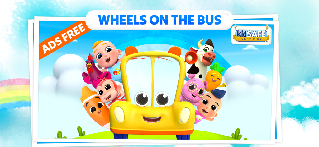 Apples & Bananas Kids App - Cartoon characters and animals on a yellow bus for the Wheels on the Bus nursery rhyme song.