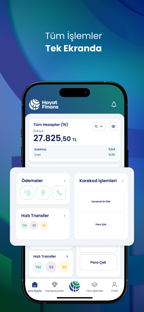 Hayat Finans - Dashboard of the Hayat Finans digital banking app showing total balance, bill payments, and quick transfer options.
