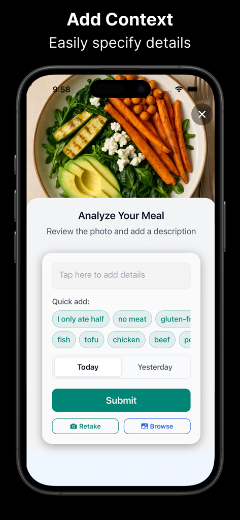 NutriShot AI - Calorie Counter - Interface do aplicativo NutriShot AI para adicionar detalhes da refeição e tags dietéticas a uma foto de comida para análise nutricional