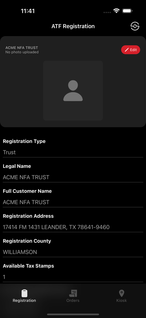 Silencer Shop - Silencer Shop app ATF Registration screen showing registration type and legal name details