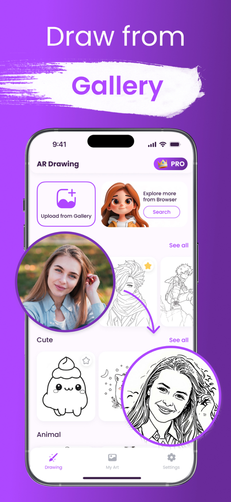 AR Drawing: Sketch Trace Paint - AR Drawing app screen showing photo to sketch conversion feature from gallery
