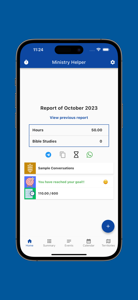 Painel do aplicativo Ministry Helper mostrando horas e metas de serviço