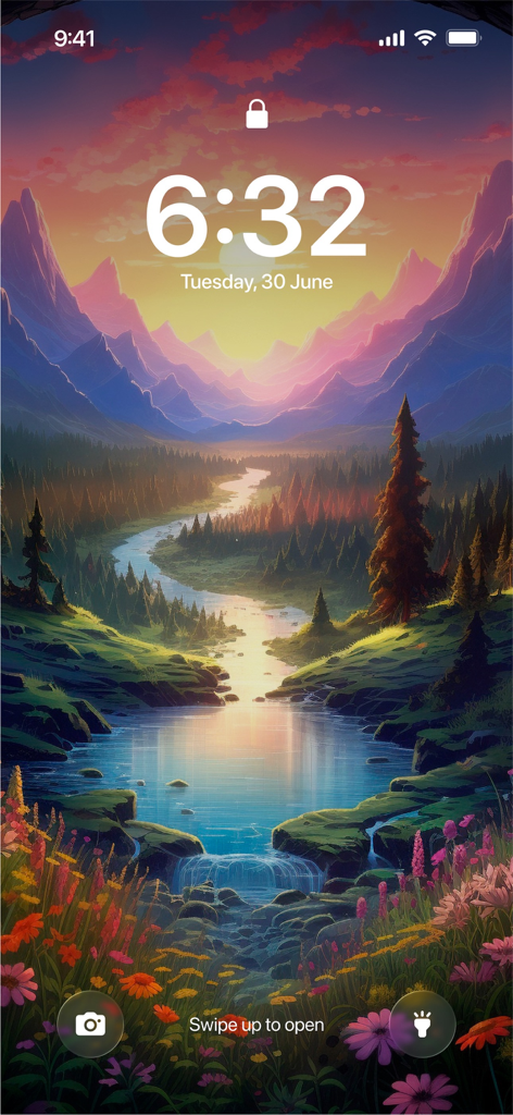 Silly Smiles Live Wallpapers - Vibrant nature landscape wallpaper with mountains and a river on an iPhone lock screen