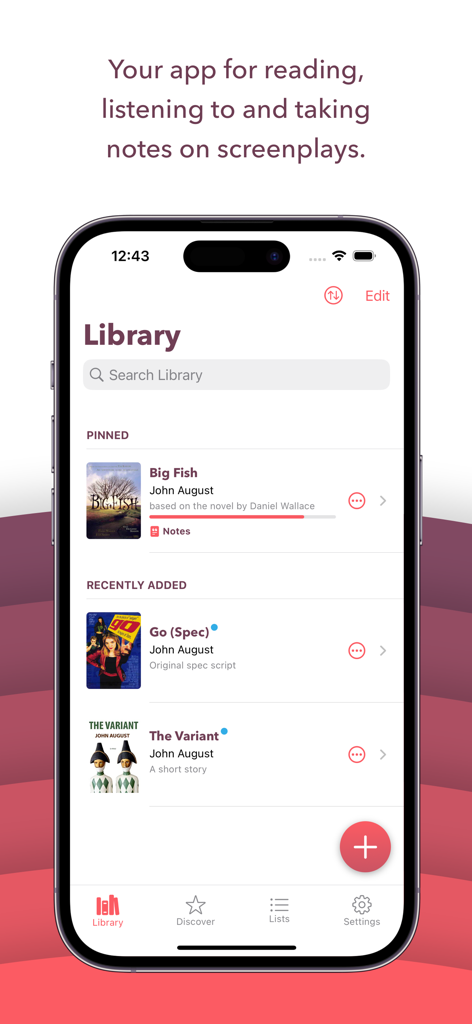 Weekend Read 2 script library interface on an iPhone displaying various screenplays