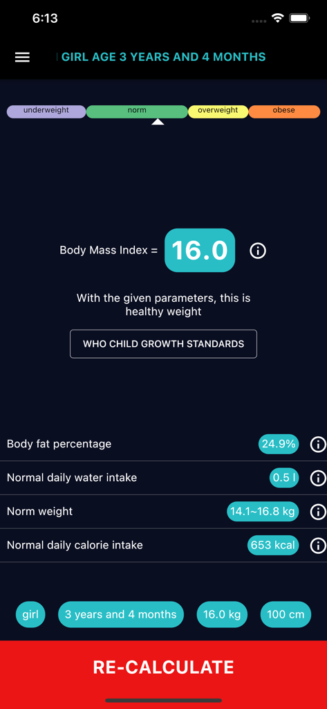 Ideal Weight & BMI Calculator - BMI calculation results for a child showing healthy weight status based on WHO standards