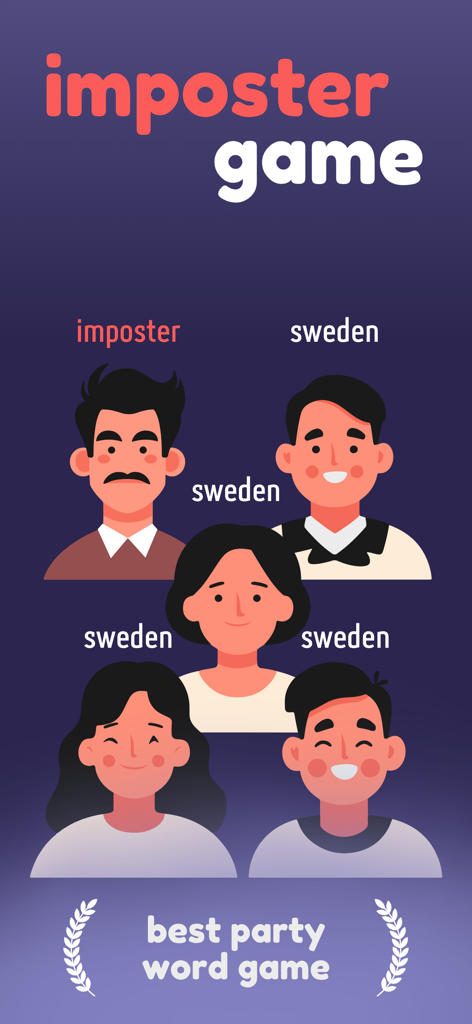 Charaktere im Imposter Game mit Etiketten, die das Wort Schweden zeigen, und einem als Betrüger markierten Spieler
