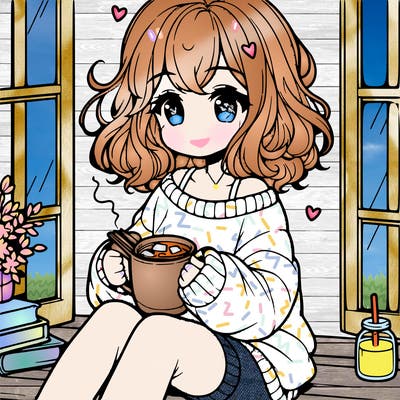 cute anime girl reading book and drinking hot chocolate from mug with loose wavy hair wearing a baggy sweatshirt and shorts sitting by windowsill looking out