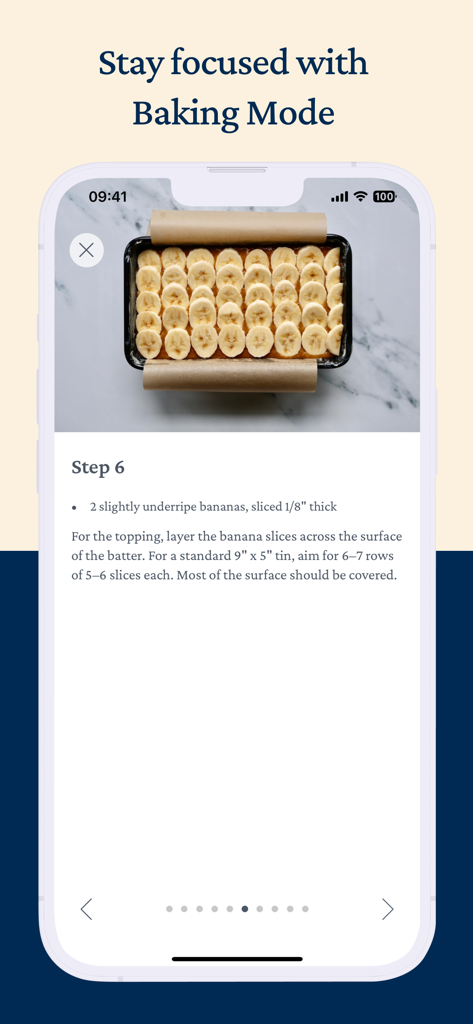 A mobile screen showing Step 6 of a banana bread recipe in Kneady's distraction-free baking mode
