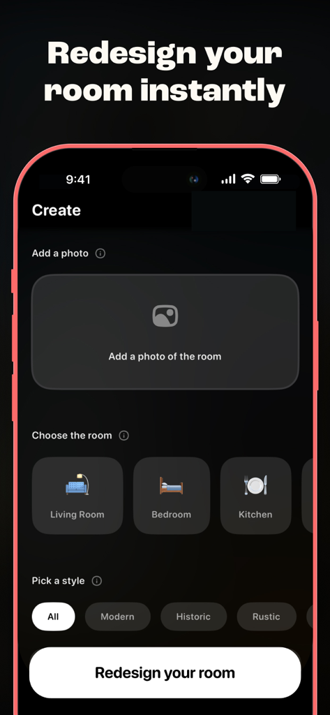 Al Interior Design - Deco - 즉각적인 AI 인테리어 재설계를 위해 방 사진을 업로드하고 디자인 스타일을 선택하는 Deco 앱의 인터페이스.