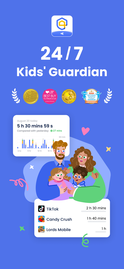 Parental Control App: AirDroid - AirDroid Parental Control dashboard displaying screen time statistics and specific app usage tracking for parents