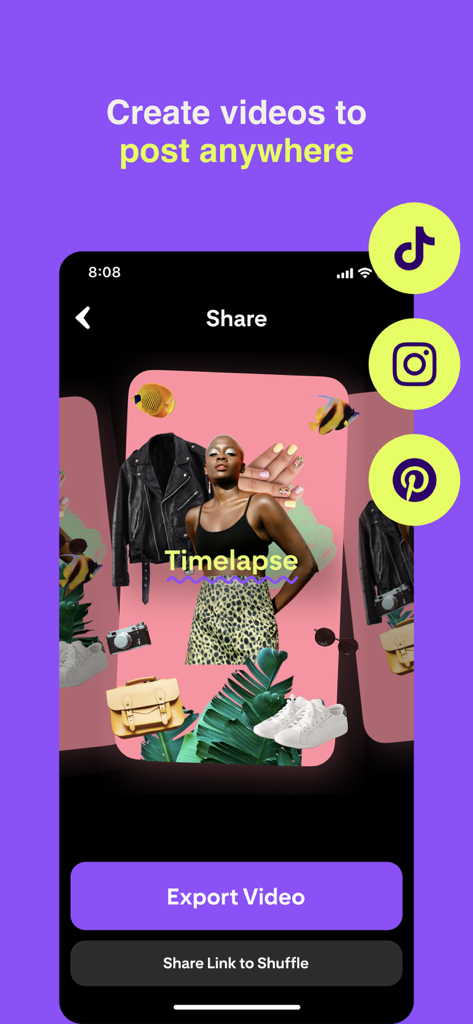 Shuffles von Pinterest App-Oberfläche, die den Freigabebildschirm mit Optionen zum Exportieren eines Videos und zum Posten auf Social-Media-Plattformen wie TikTok und Instagram zeigt