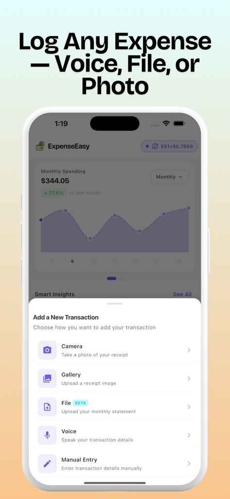 Expense Easy: AI Money Tracker - Expense Easy app showing a menu to log expenses using voice photo or file upload