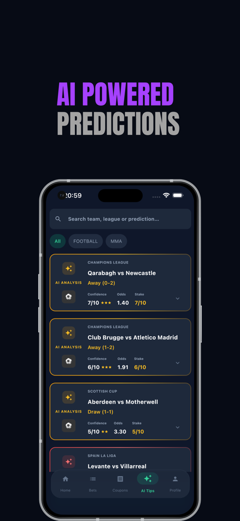 A mobile app interface displaying AI powered football predictions with confidence scores and betting odds for various matches.