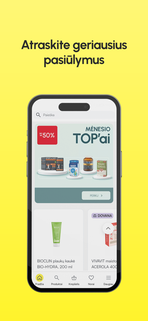 CAMELIA vaistinė - Mobile App von Camelia Vaistine, die monatliche Top-Angebote und Gesundheitsprodukte anzeigt