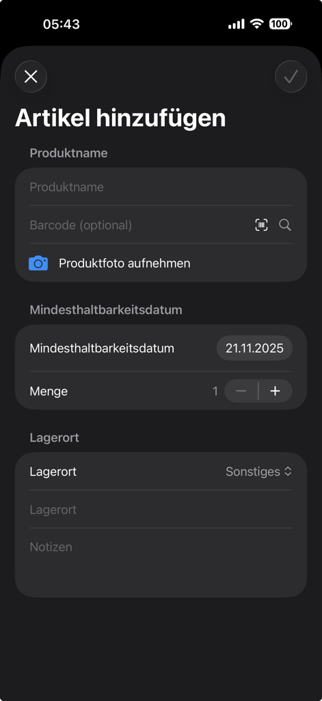 Interfaz móvil de la aplicación Restlos que muestra la pantalla para agregar un nuevo artículo de comida con campos para el nombre del producto, código de barras, fecha de caducidad y cantidad.