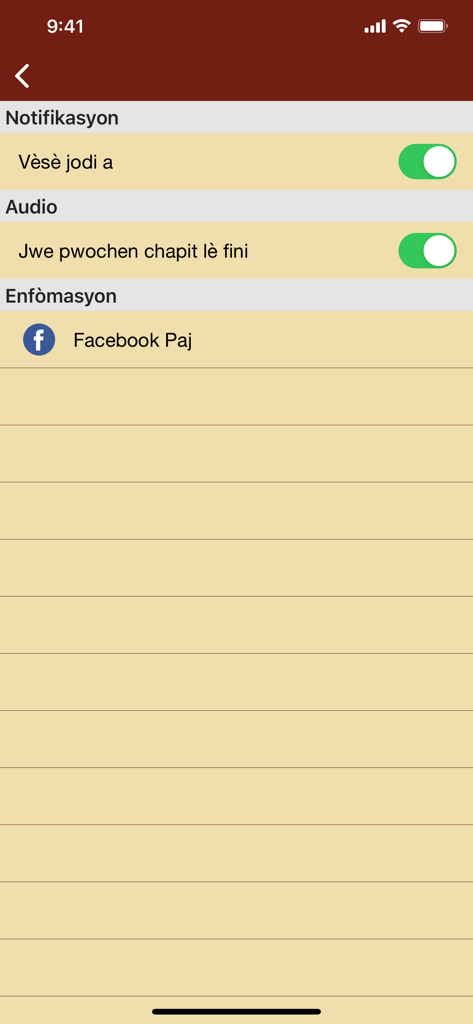 Settings menu of the Haitian Creole Bible app featuring notification and audio playback options in Kreyòl
