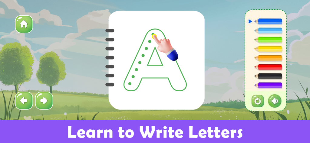 A digital screen showing a tracing activity for the letter A with a set of colored pencils in a kids educational app.