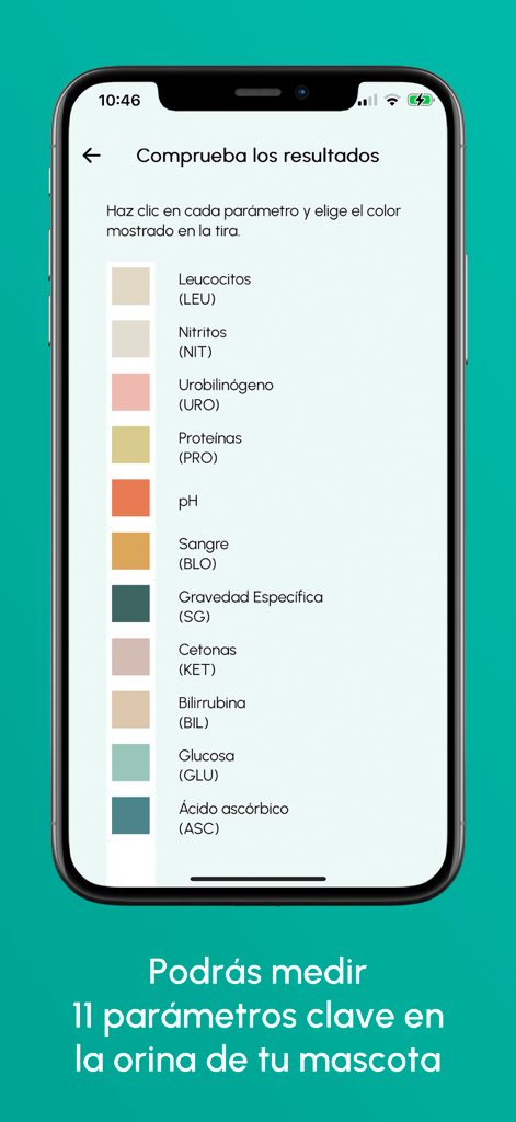 SCANPET - SCANPET app interface showing 11 key health parameters for pet urine analysis