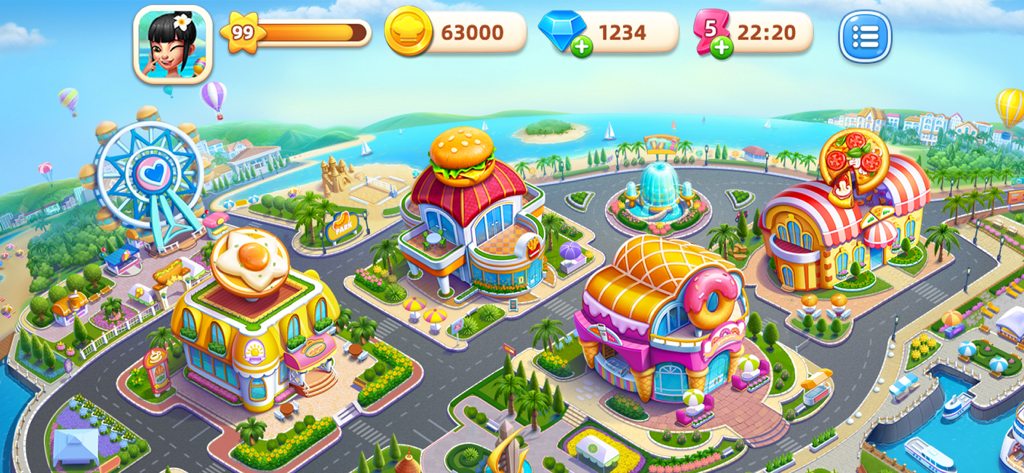 A colorful game map view showing various food-themed restaurants like a burger joint and donut shop in Cooking City.