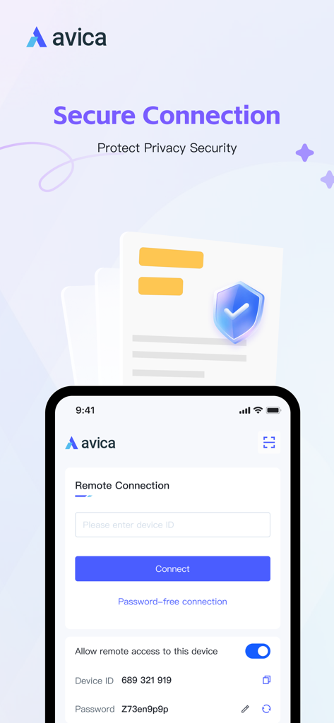 Avica Remote Desktop - Avica Remote Desktop app interface showing secure connection options and privacy protection settings on a mobile device.