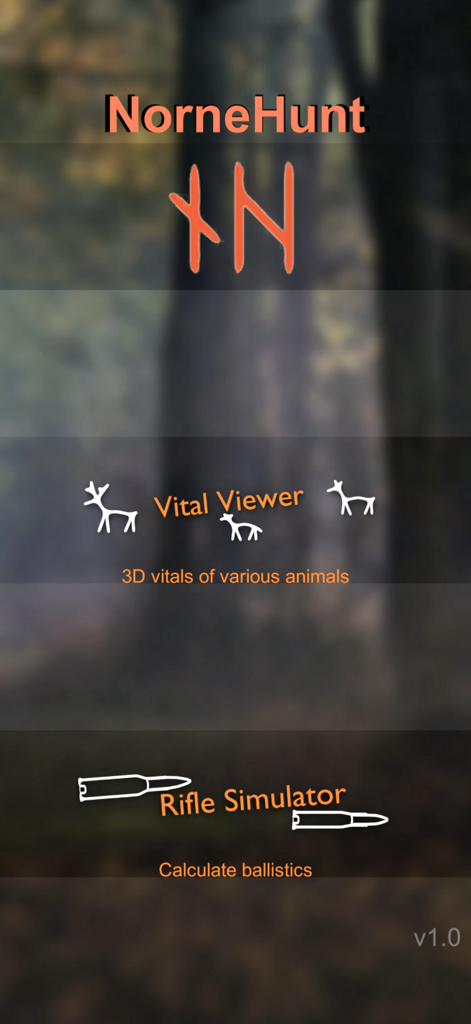 NorneHunt - Pantalla de inicio de la aplicación NorneHunt con opciones de Visor de Órganos Vitales y Simulador de Rifles