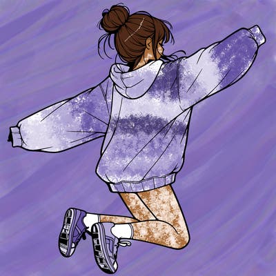 realistic girl jumping with a bun and oversized sweatshirt