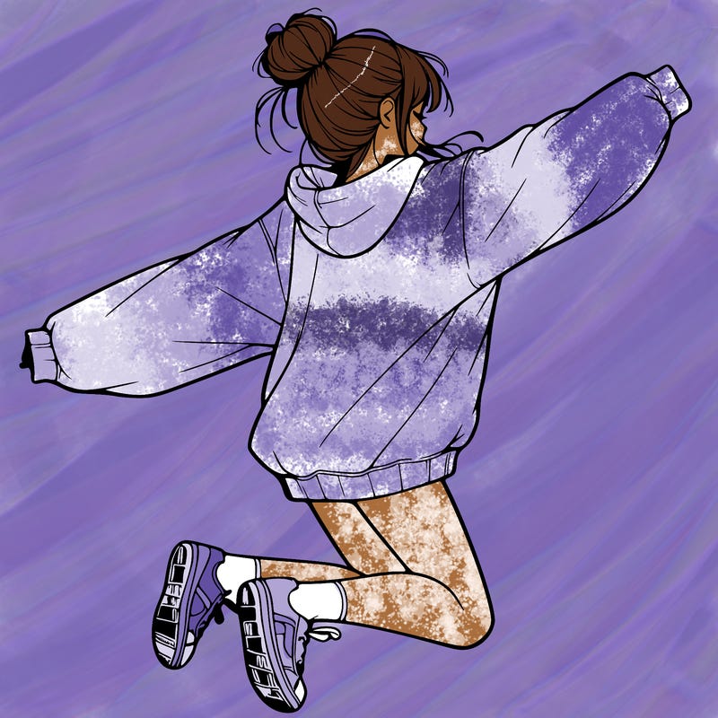 realistic girl jumping with a bun and oversized sweatshirt
