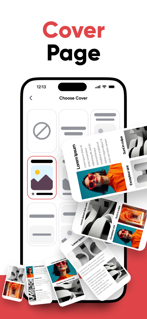 JPG to PDF | Photos to PDF - Uma tela de celular exibindo vários modelos de capa de PDF profissionais dentro do aplicativo.