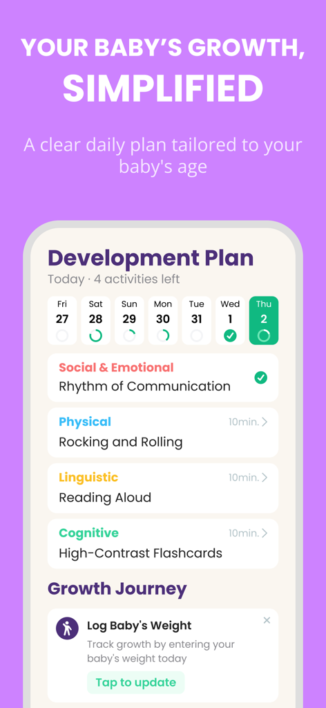 Baby Leap: Milestone Tracker - Interface of the Baby Leap app showing a personalized daily development plan with categorized activities for social, physical, linguistic, and cognitive growth.