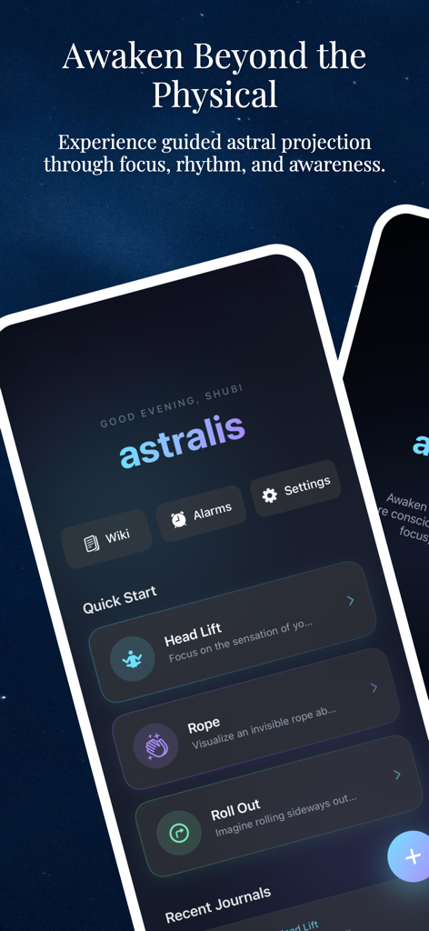 Astralis App Startbildschirm zeigt Astralprojektionstechniken, einschließlich Head Lift, Rope und Roll Out Methoden auf einem filmischen dunklen Thema.