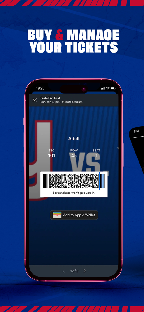 A mobile screen showing a New York Giants digital game ticket with a barcode and seat details.