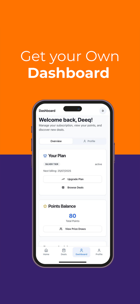 MyDeals: Local Deals & Rewards - Smartphone displaying the MyDeals app user dashboard with points balance and silver tier membership.