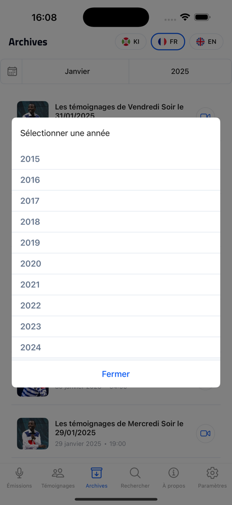 Kanguka - Year selection modal in the archives section of the Kanguka app