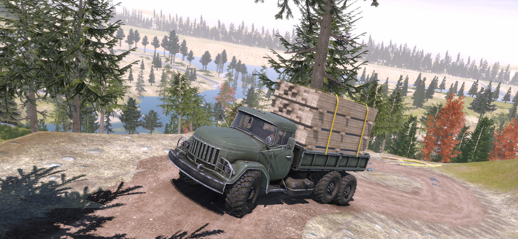 Offroad Masters: 4x4 Simulator - Green cargo truck carrying wooden planks on a mountain trail