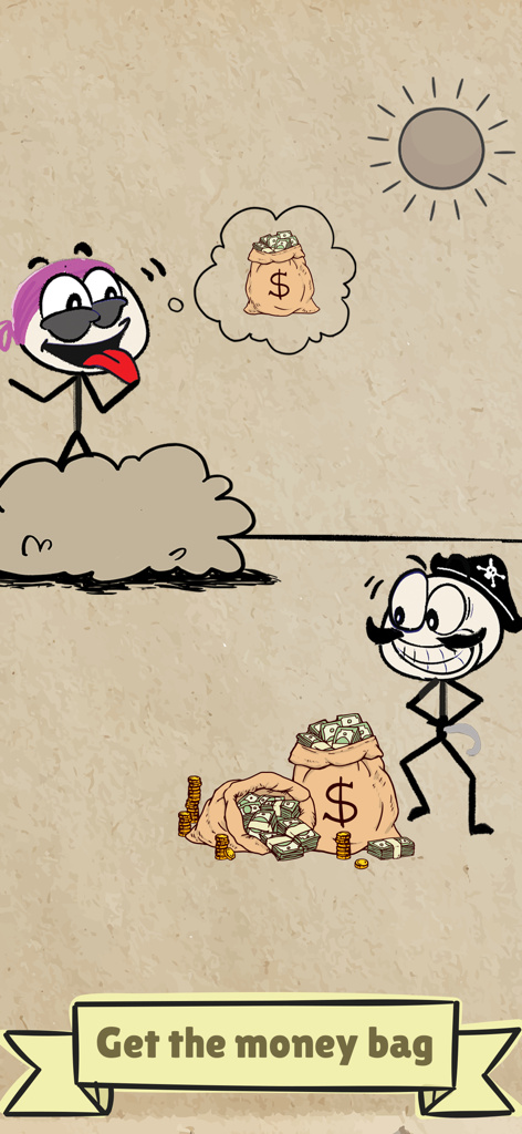 Thief Puzzle: Escape Games - Stick figure thief thinking about stealing a money bag from a pirate character.