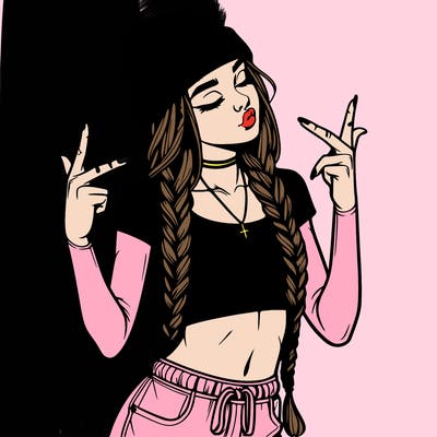 realistic teenage girl with braids and a beanie and crop top doing 🫶🏼