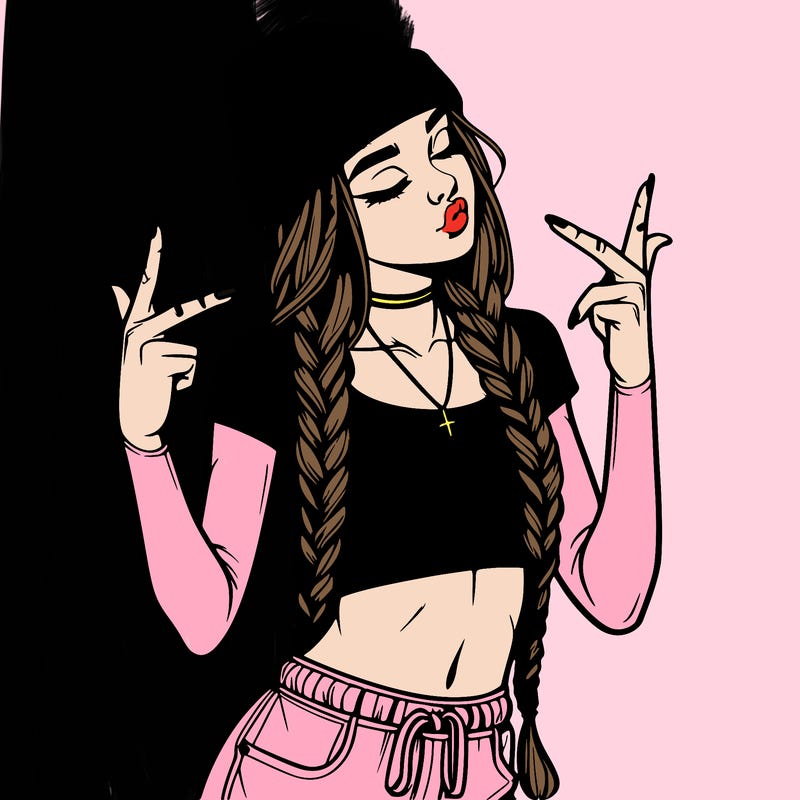 realistic teenage girl with braids and a beanie and crop top doing 🫶🏼