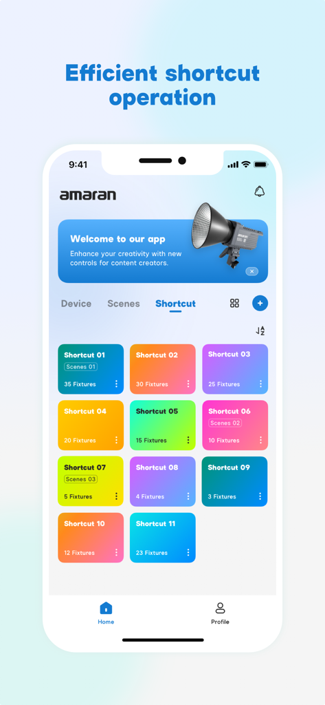 amaran - Amaran app interface showing a colorful grid of lighting shortcuts for quick scene control