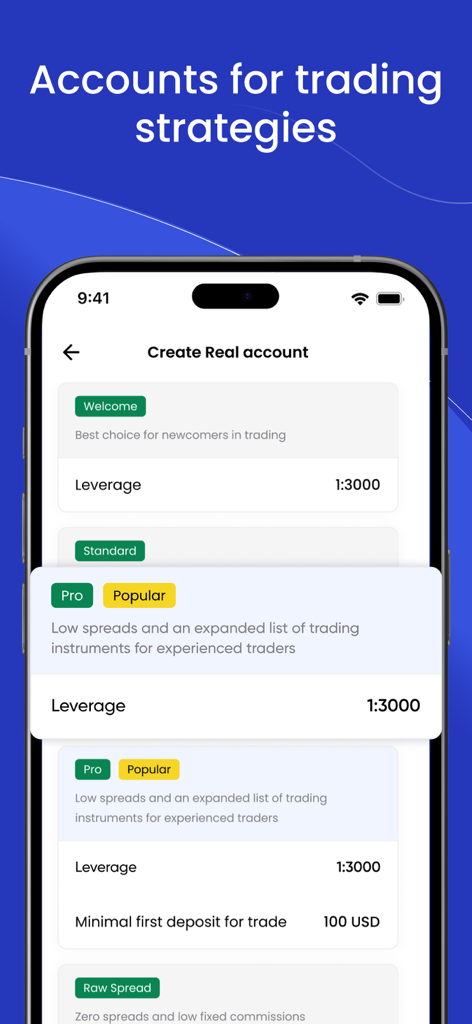 Mobile app screen showing different trading account options with one to three thousand leverage