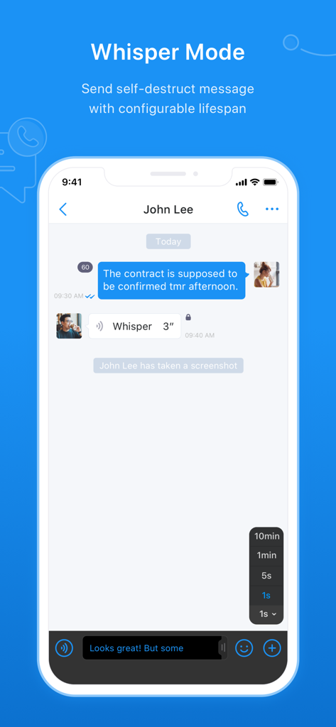 SeaTalk - SeaTalk app interface showcasing Whisper Mode for self destructing messages.