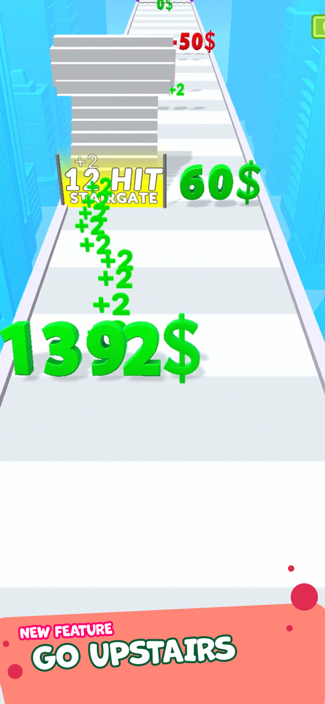 Numerical projectiles hitting a stargate to increase currency in a hyper-casual runner game