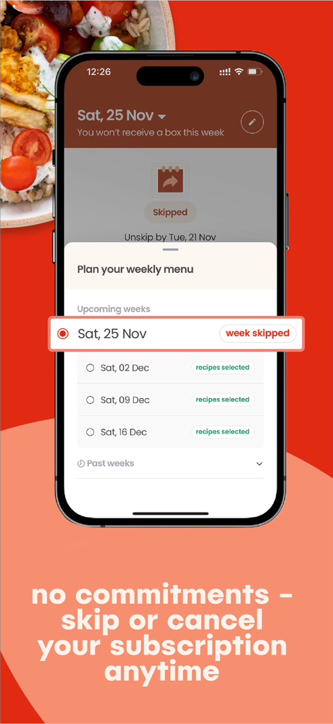 Hello Chef: Meal Kit & Recipes - Hello Chef app interface showing the ability to skip a weekly meal kit delivery